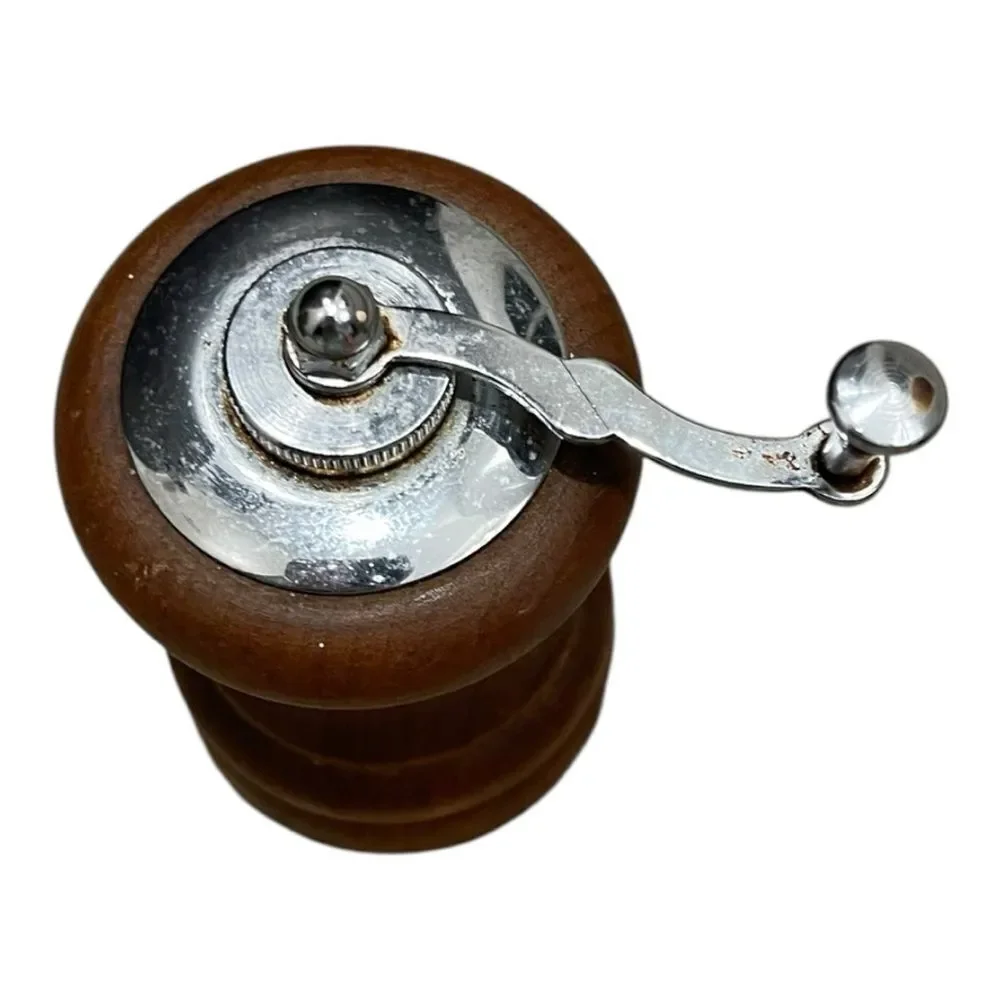 Vintage Small Wooden Pepper Mill with Silver Accents MCM